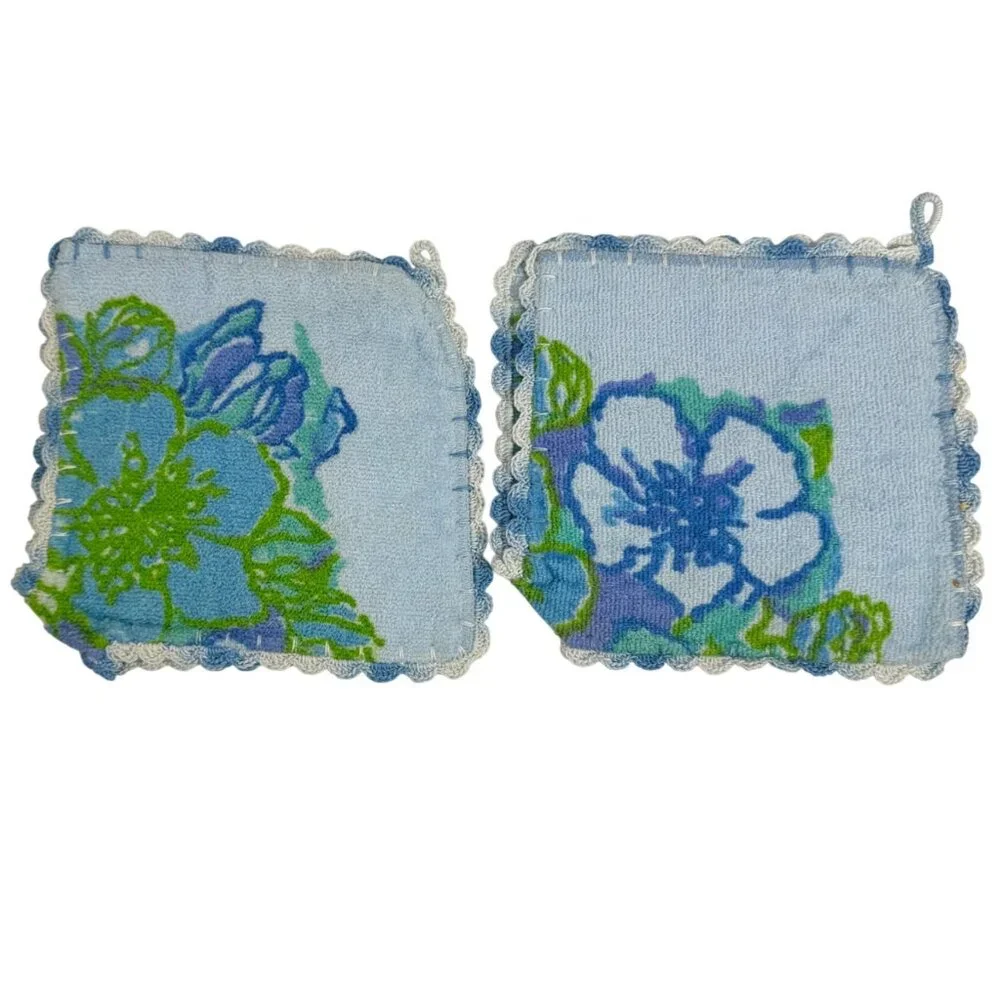 Set Of 2 1970s Floral Blue Green Potholders Crochet Trim Handmade Granny Core